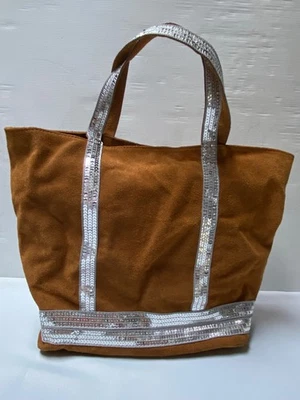 Sac cabas A4 daim cuir fauve sequins argent bohème chic Real Leather bag - Photo 1/4