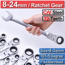 Combination Ratchet Spanner Wrench Flexible Head Ring Open End Metric 8-24mm Set