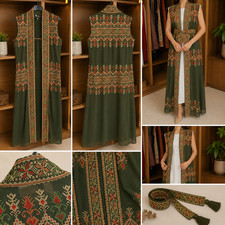 Handmade Palestinian Embroidered Dress / Open Abaya Olive Green Traditional