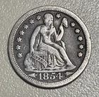 1854 Dime Seated Liberty Ten Cents US America Shield About Fine Arrows