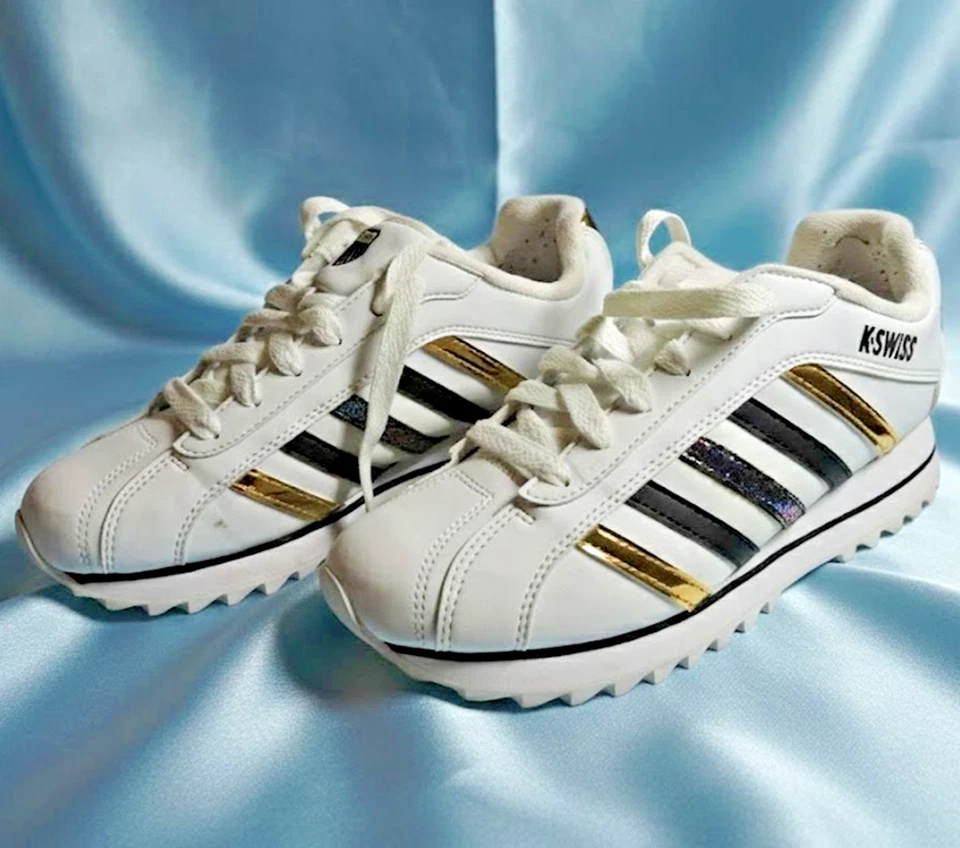 K-Swiss女式8.5白色皮革运动鞋金色/黑色条纹复古经典鞋 — 第 2/4 张图片