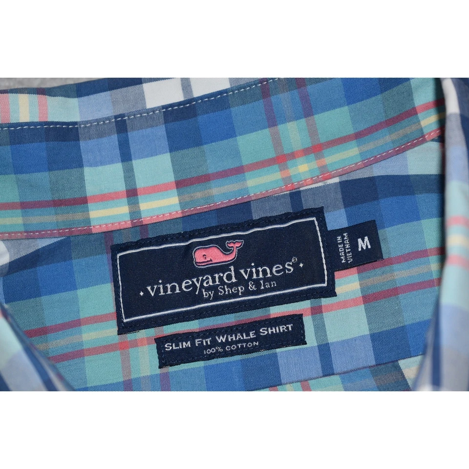 Vineyard Vines Dress Shirt Whale Mens Size Medium Slim Fit Blue Plaids - Image 4 of 4