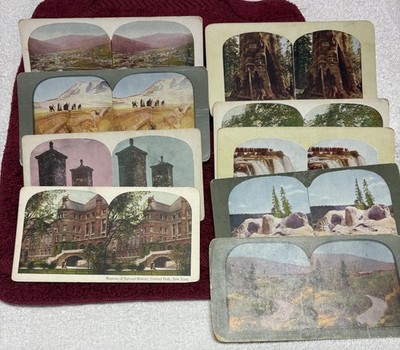 NINE COLOR STEREOVIEW CARDS OF AMERICAN TOURIST SCENES (Ca. Early 1900s)
