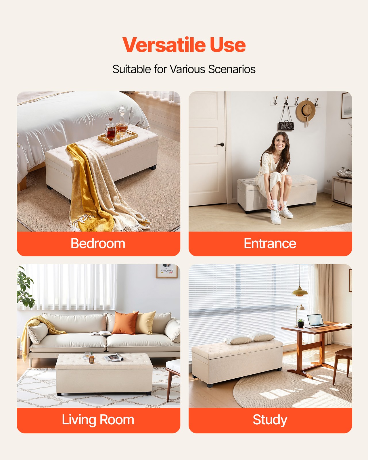 VEVOR Storage Ottoman Bench Button-Tufted End of Bed Bench Metal Frame Beige