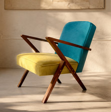 Sillón de diseño Mid Century estilo años 60 salón reposabrazos retro terciopelo gasolina amarillo madera