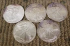 5 Silver American Eagles 1 Oz Fine Silver Each 1990, 2009 and 2016