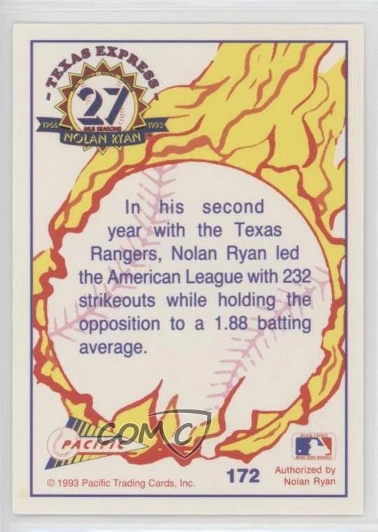 1993 Pacific Texas Express 27 Seasons Nolan Ryan 1990 League Leader #172 HOF - Image 2 of 2