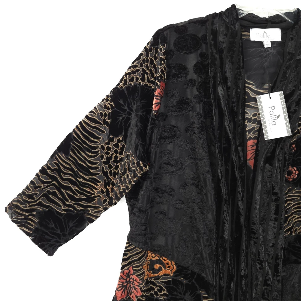 Palila Women's Velvet Burnout Open Front Cardigan Size XL Duster Black Gold Red - Image 4 of 4