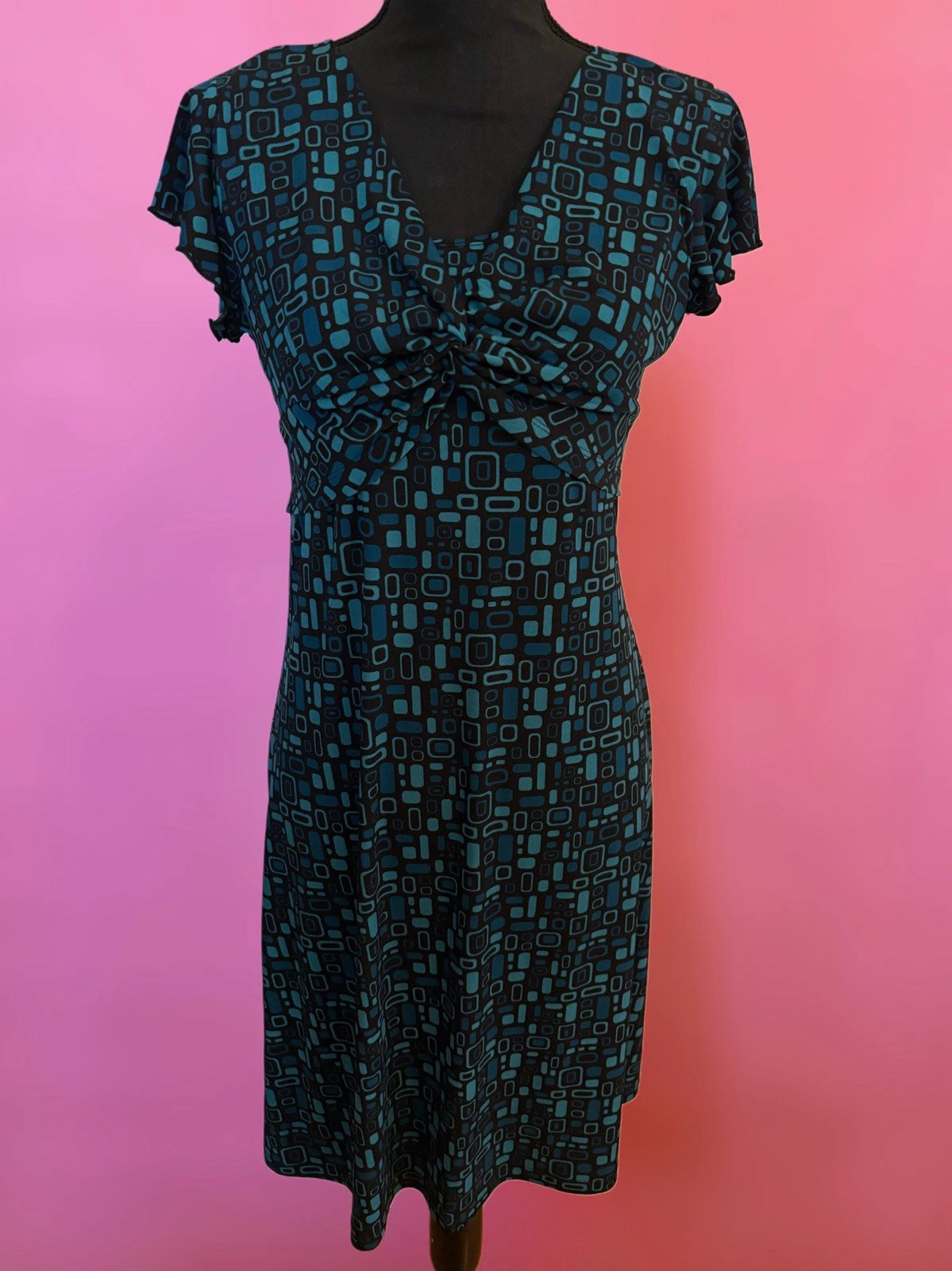 Vintage Y2K Perseption Black & Aqua Blue Geometric Square Mallcore Mini Dress PS