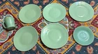 vintage FIRE-KING OVEN WARE COFFEE CUP & SAUCER d handle + (5) JADEITE PLATES