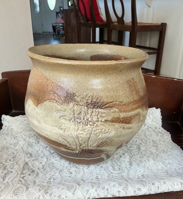 Vtg 1970s Studio Pottery Planter Earth tones Signed Numbered Stoneware Cachepot