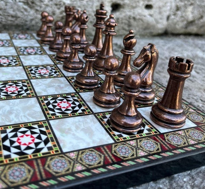 Handmade 14.5'' Wooden Chess Board - Carved Weighted Pieces - Gift for Husband  
