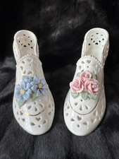 Estate Two Vintage Heart Pierced Victorian Flowered Porcelain Shoes W/Gold