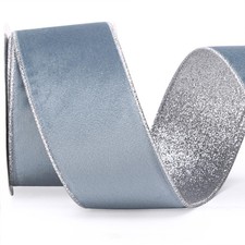 Dusty Blue Velvet Wired Ribbon 2.5 Inch Dusty Blue Velvet with Silver Glitter...