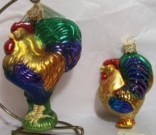OWC Old World Christmas Blown Glass Rooster #16006 and Heirloom Rooster #16092