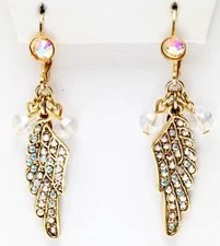 KIRKS FOLLY BEADED FLY HOME ANGEL WING LEVERBACK EARRINGS GOLDTONE