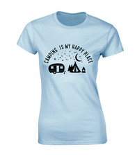T-SHIRT DONNA CAMPING IS MY HAPPY PLACE CAMPER VAN TENDA ESCURSIONISTICA REGALO TOP