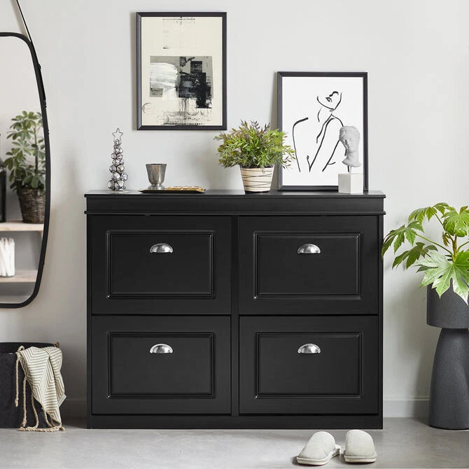 Haotian Fsr79-Sch Black Shoe Cabinet With 4 Flip Drawers 