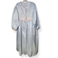 Vintage 80s Natori Blue Satin Pink Floral Applique Button Front Robe Pastel Med