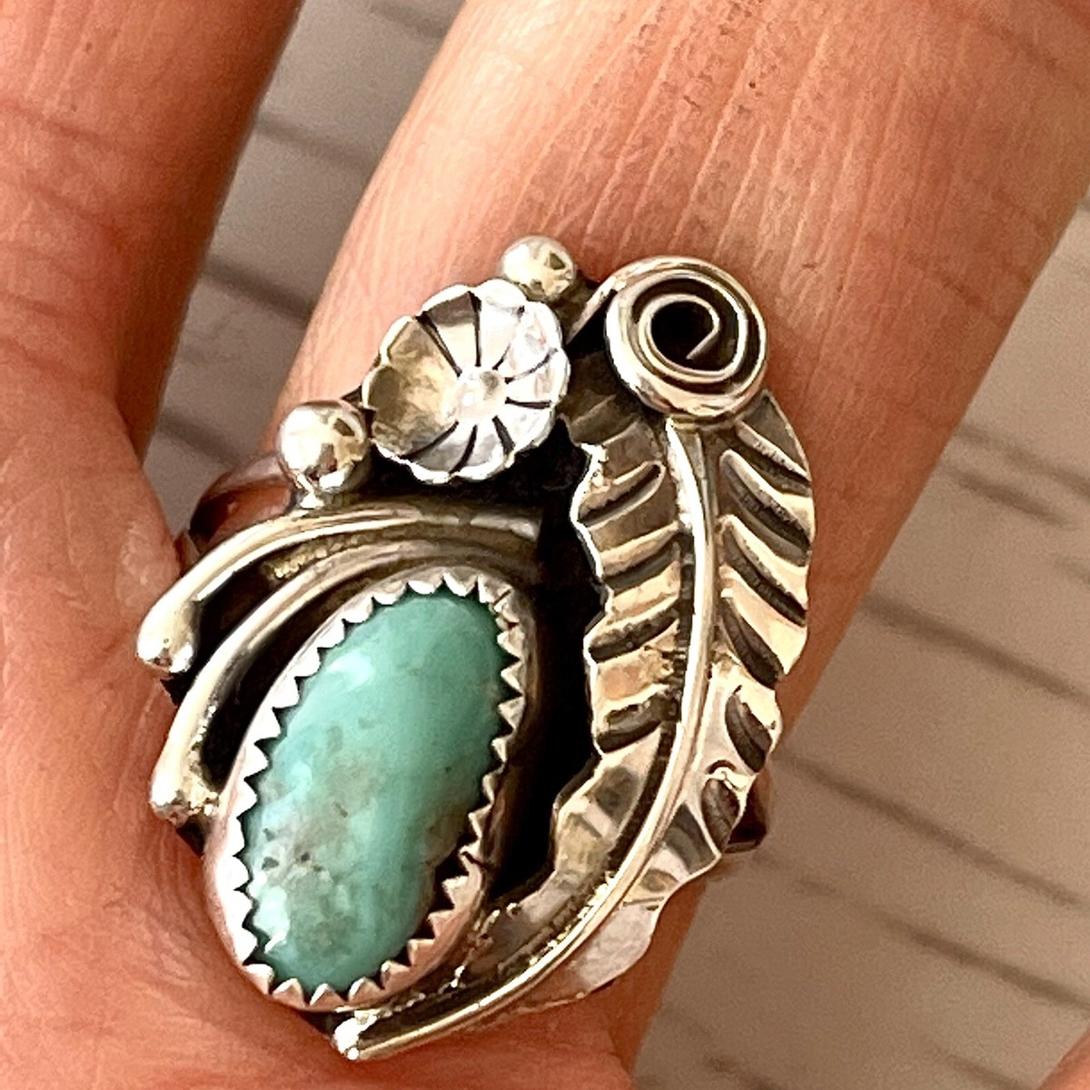 Navajo Natural Turquoise Ring Sz 6 Sterling Signed HM Flower Navajo Natural Turquoise Ring Sz 6 Sterling Signed HM Flower