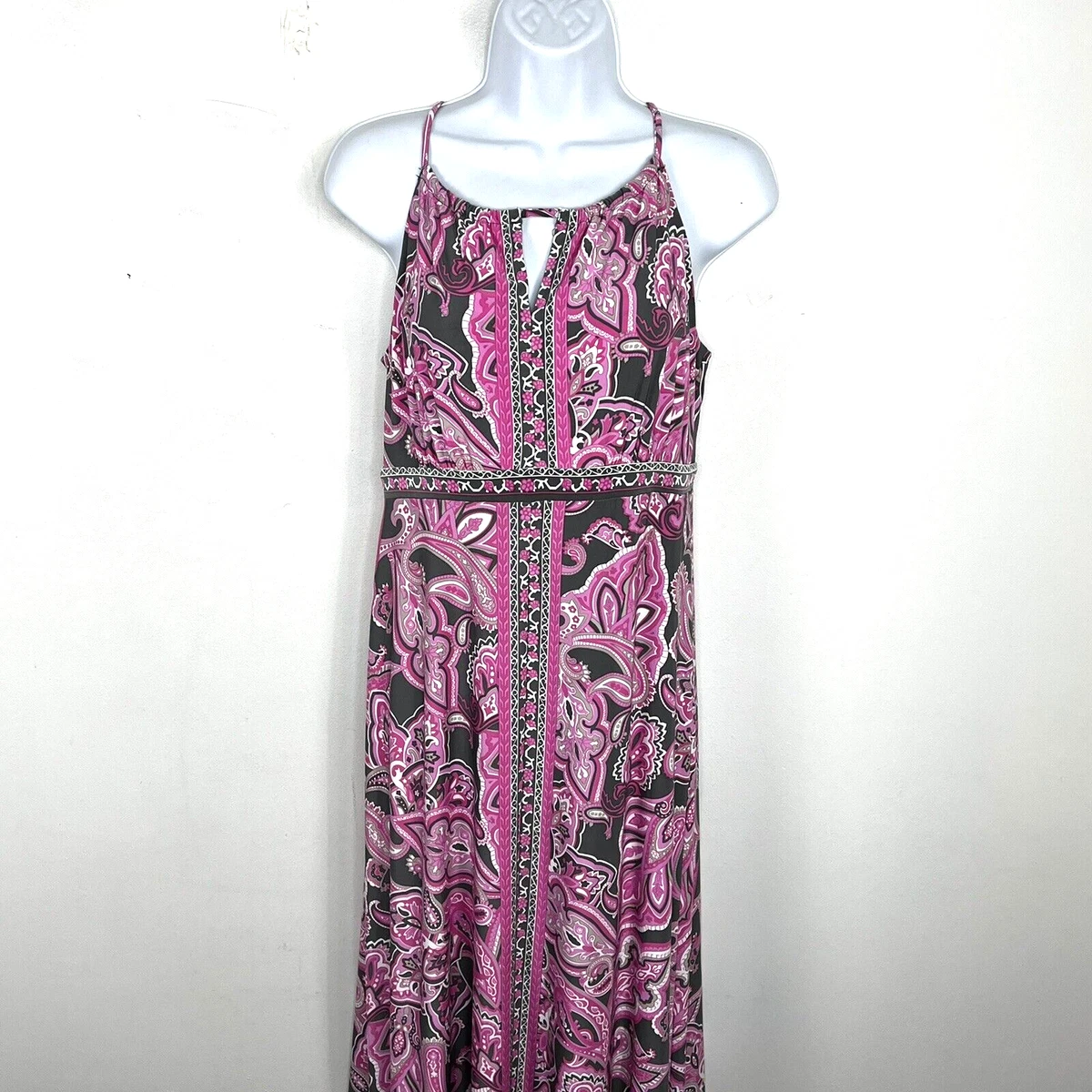INC Sun Dress Sz M Hot Pink Black Pink Paisley Floral Long Maxi