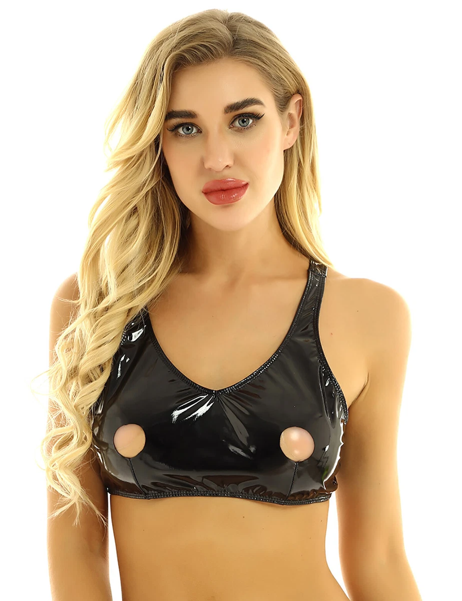 Womens Wet Look Patent Leather Lingerie Open Nipple Hole Design Bra Top  Crop Top | eBay