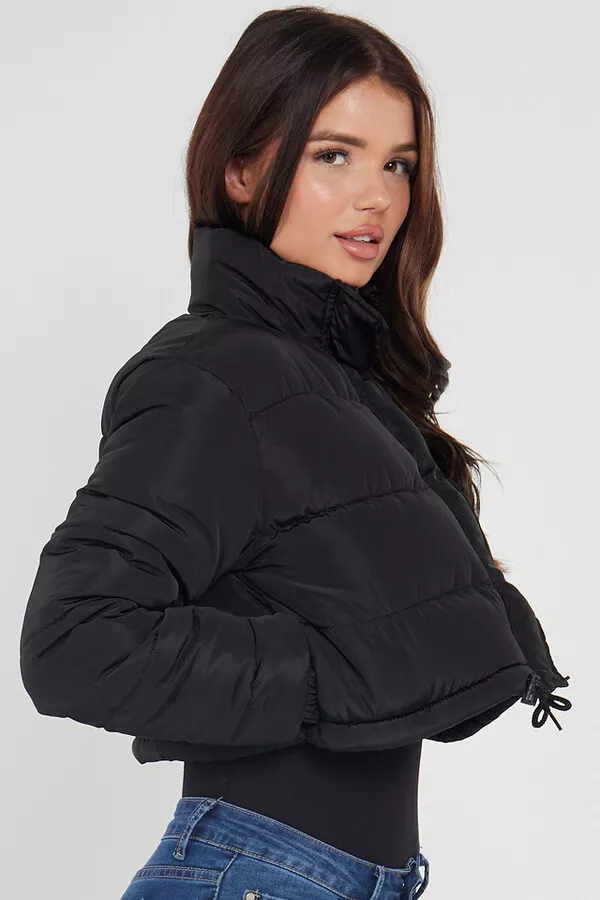 White Black Women's Short Jacket Cropped Puffer Lightweight Long Sleeves  Coat