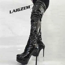 Women Thigh High Boots Round Toe Platform Side Zip Boots Over Knee High Heels Sh