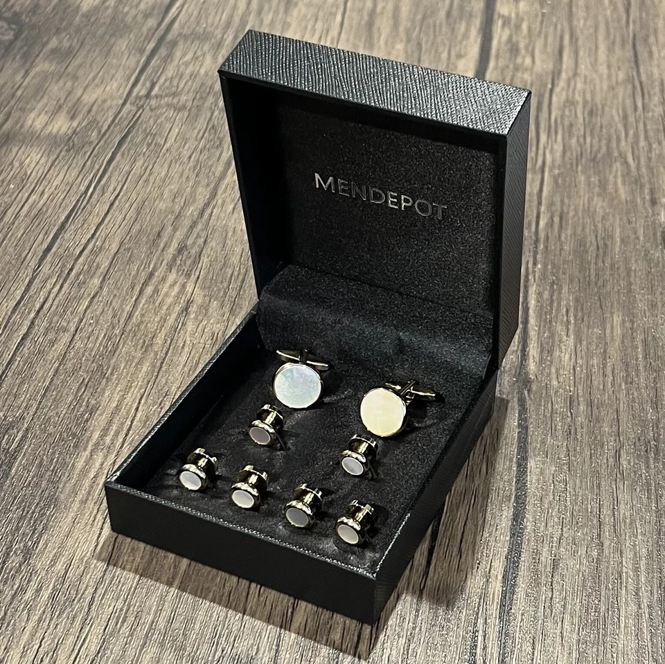 Conjunto de gemelos redondos de perlas madre y tachuelas para camisa (6 piezas) regalo de boda para hombre en caja Foto 3 de 4