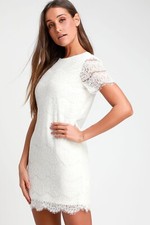 Lulus Take Me to Brunch Ivory White Lace Shift Dress Size S Short Sleeve
