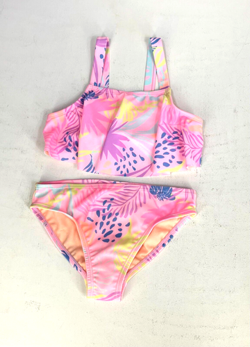 Wonder Nation Girl Small Pink Tropical Print 2-Piece Flounce Bikini Swimsuit