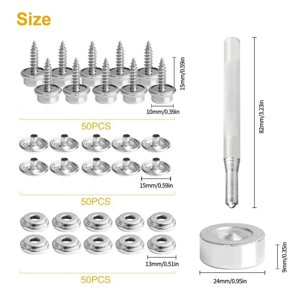 50 Sets Fastener Screw Snap Press Stud Cap Button Marine Boat Canvas Repair Kit - Image 3 of 4