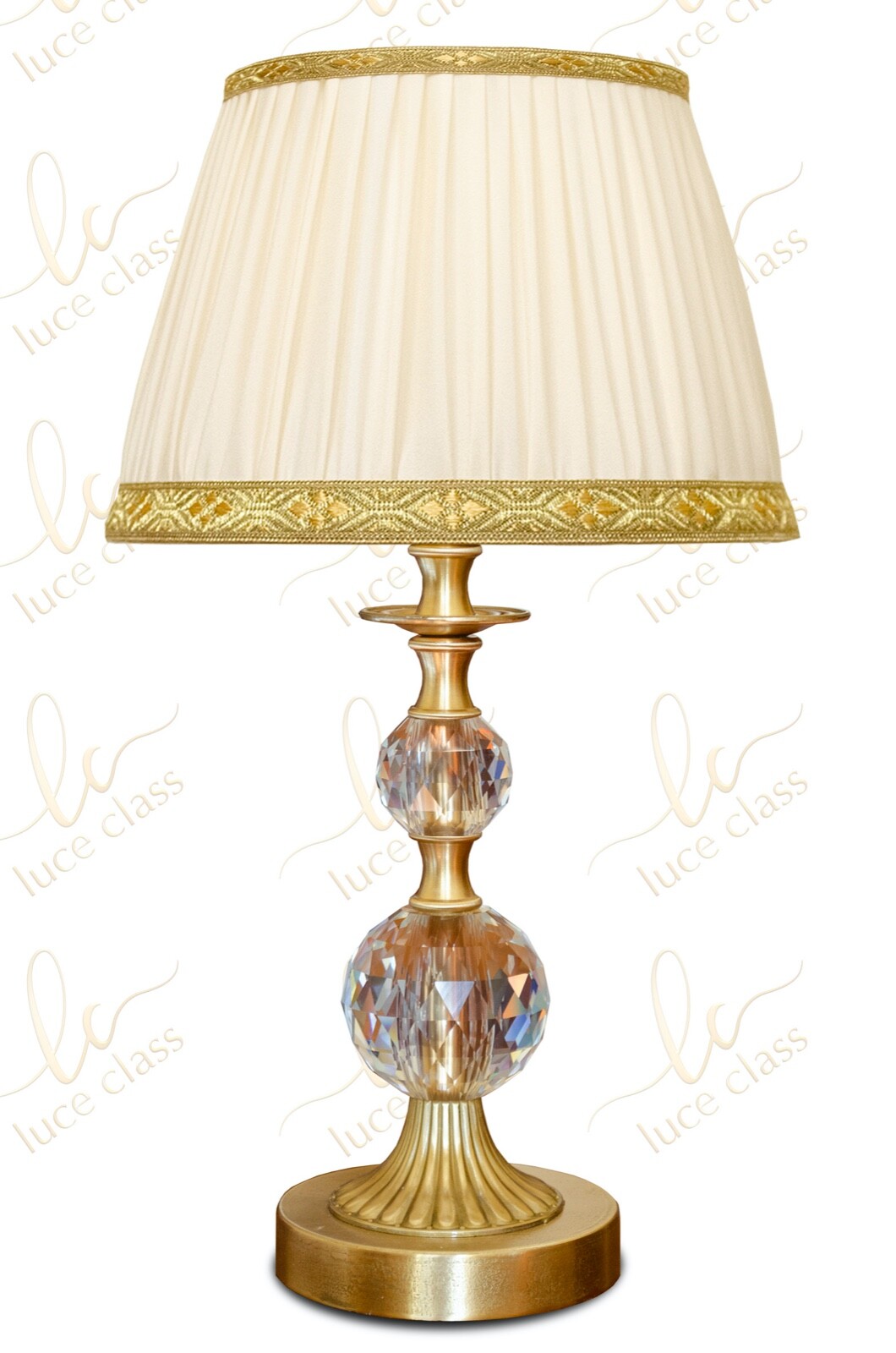 lampada da tavolo comodino classica in cristallo e ottone con paralume plissé