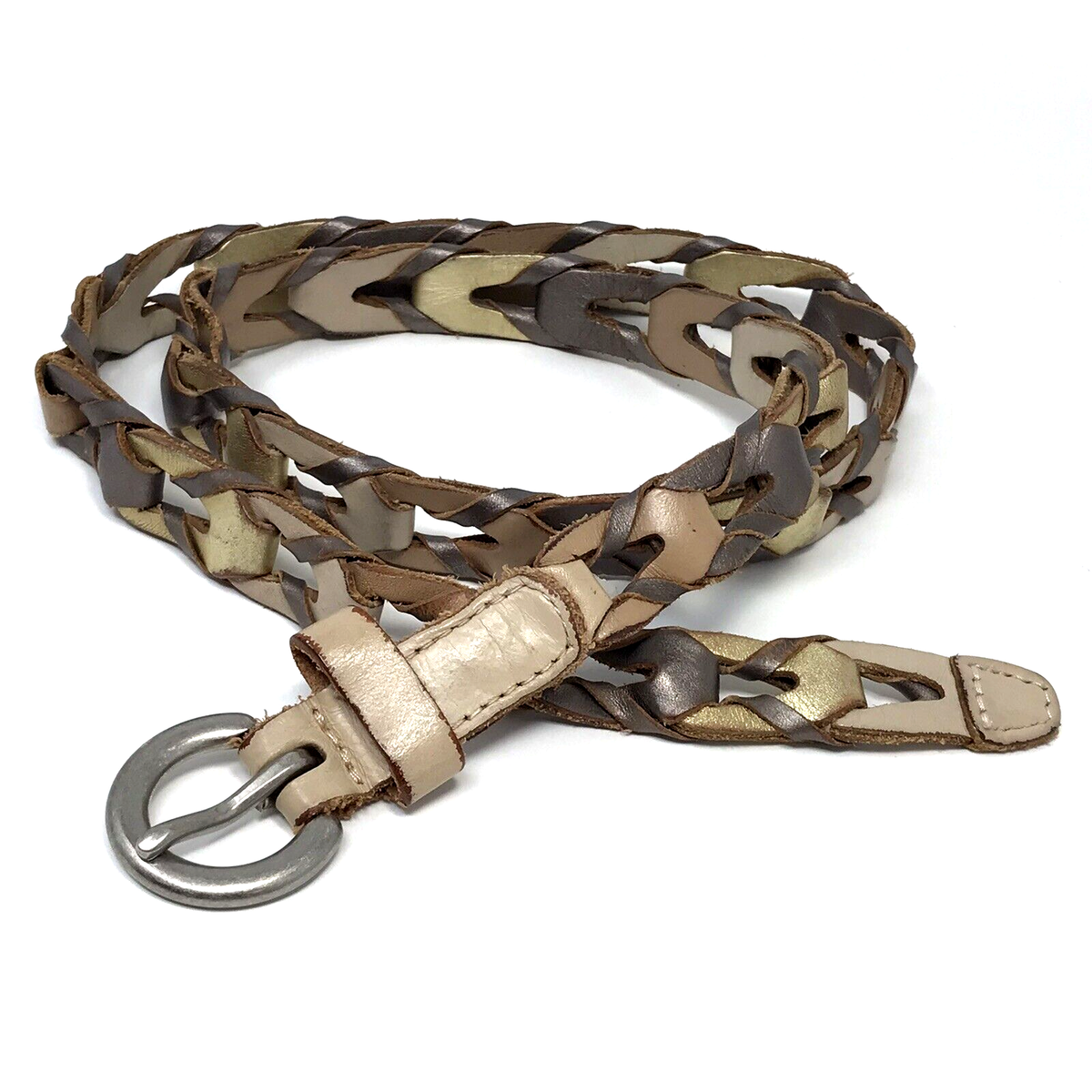 Fossil Belt Womens S Gold Brown Metallic Leather Skinny  display picture 3