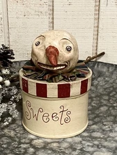 Folk Art Primitive Style Snowman Paper Mache Candy Container Liz Strause Decor