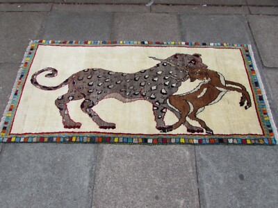 Vintage Traditional Hand Made Oriental Gabbe Wool White Rug 178x85cm Animal Lion