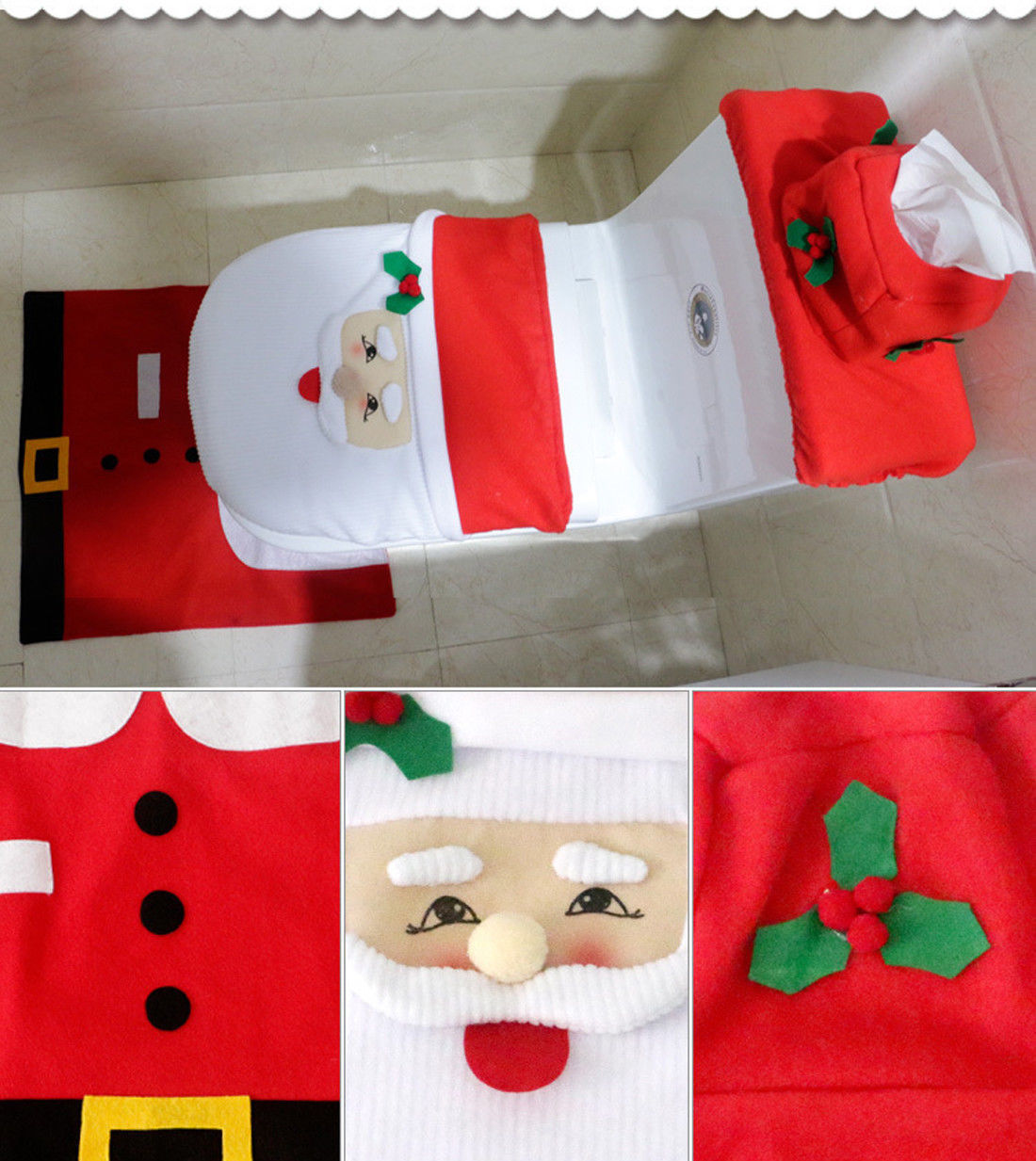 3pc Christmas Festive Santa Toilet Seat Cover Set Bathroom Set Xmas