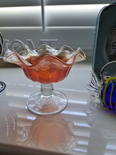 Dugan Coin Spot-Dot Rib Carnival Glass Compote Pedestal Bowl Iridescent - Picture 5 of 5