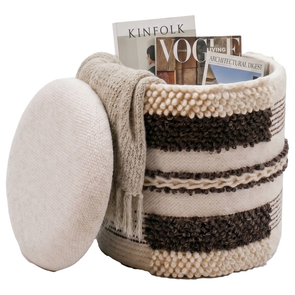 Tabouret Pouf de rangement en laine 40cm Beige Pouf rond rembourré en