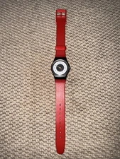 Vintage 1984 Red Black White Retro Swatch Swiss Watch Ladies Chrono Tech LB104
