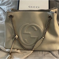 Authentic GUCCI Soho Leather Shoulder Bag- Double Gold Chain - Ivory