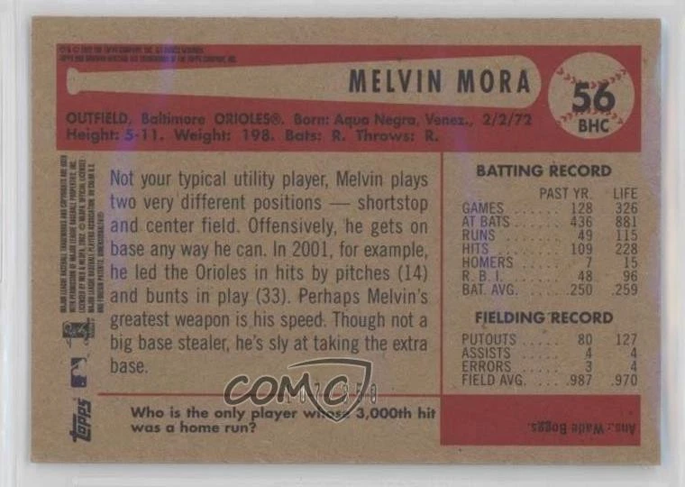 2002 Bowman Heritage Chrome Refractors /350 Melvin Mora #56BHC - Image 2 of 2