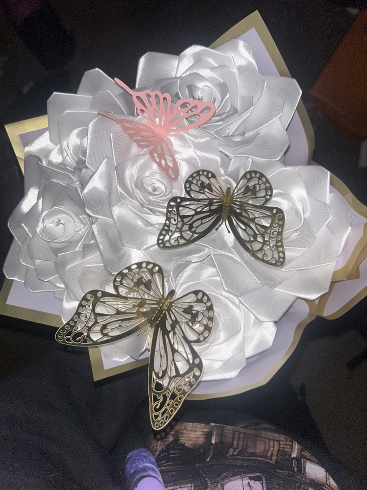 Homemade 7 Ribbon Rose Flower Bouquet In White With Pink And Golden Butterfly’s - Image 3 of 4