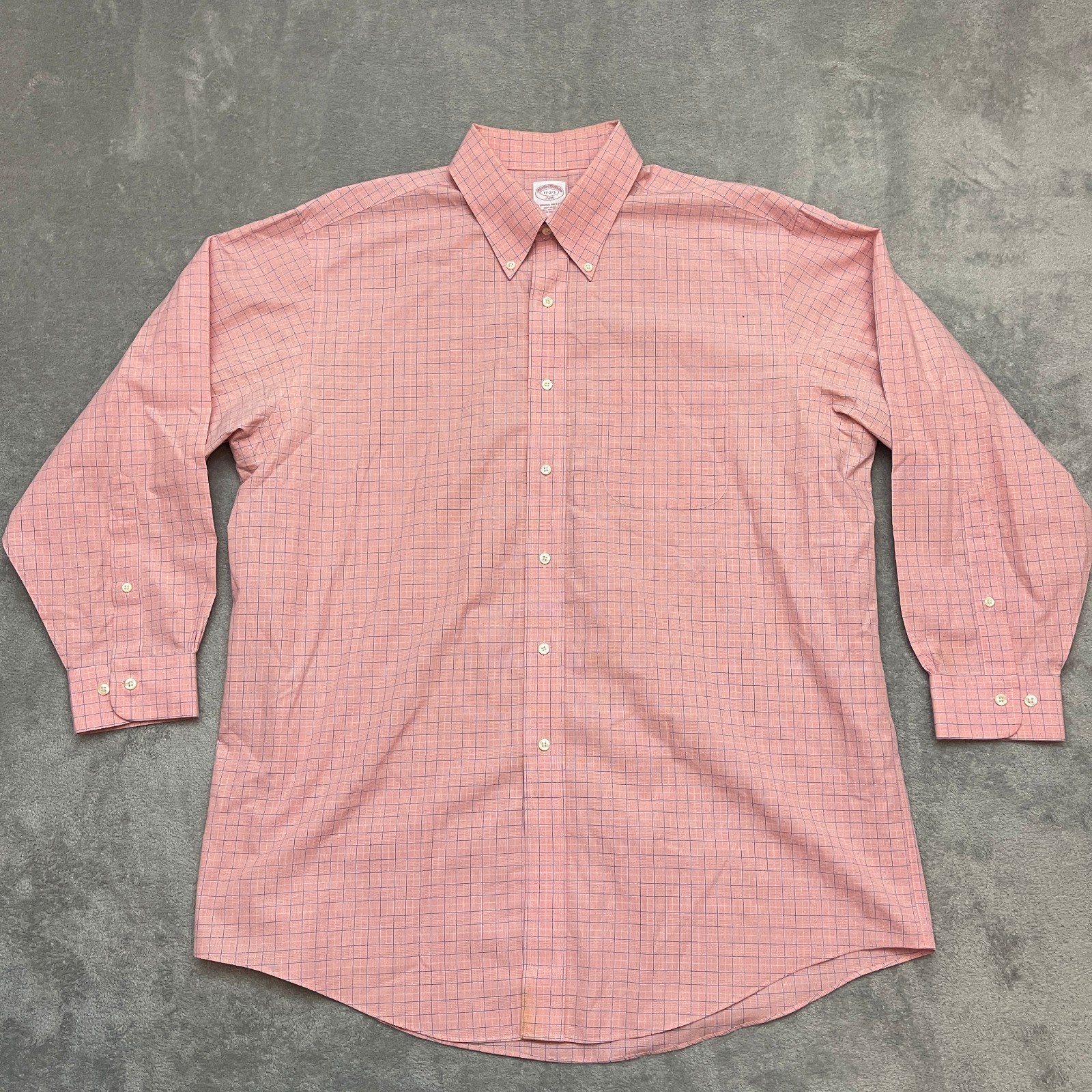 Brooks Brothers Dress Shirt 17 2/3 Regent Pink Check Button Down Pocket Cotton