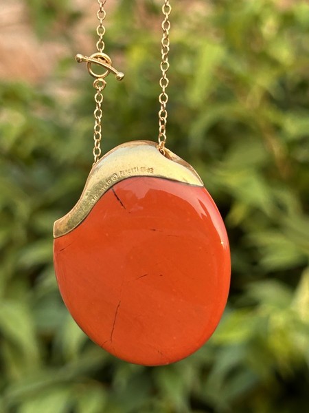 Tiffany & Co 18K Elsa Peretti Jasper 40mm Touchstone Pendant Necklace RARE