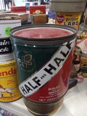 Vintage Half And Half Burley & Bright  14 Oz. Tobacco Tin Original lid Empty