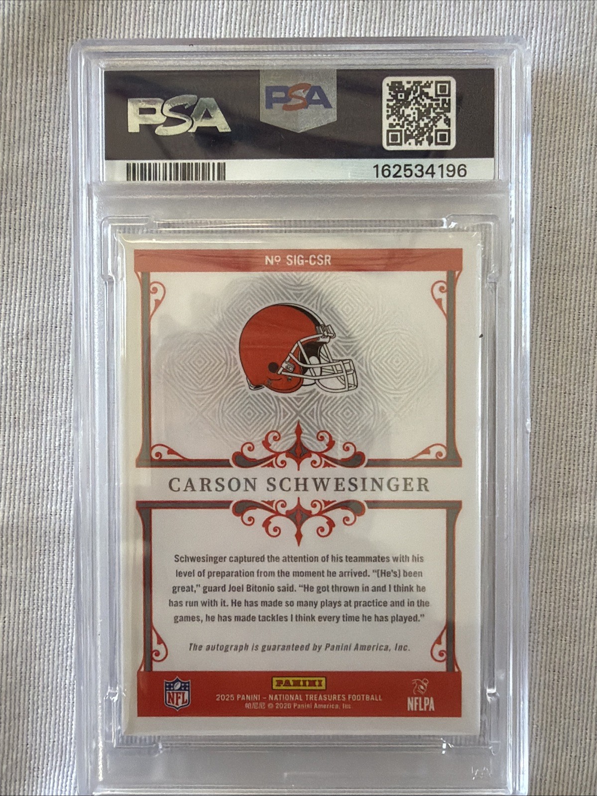 2025 Nat Treasures Signatures Carson Schwesinger RC Auto SIG-CSR 22/25 PSA10 view 2