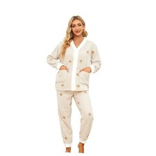 Womens Fuzzy Plush Pajama Set, Soft Warm Fleece Pajama for Medium Bear-khaki
