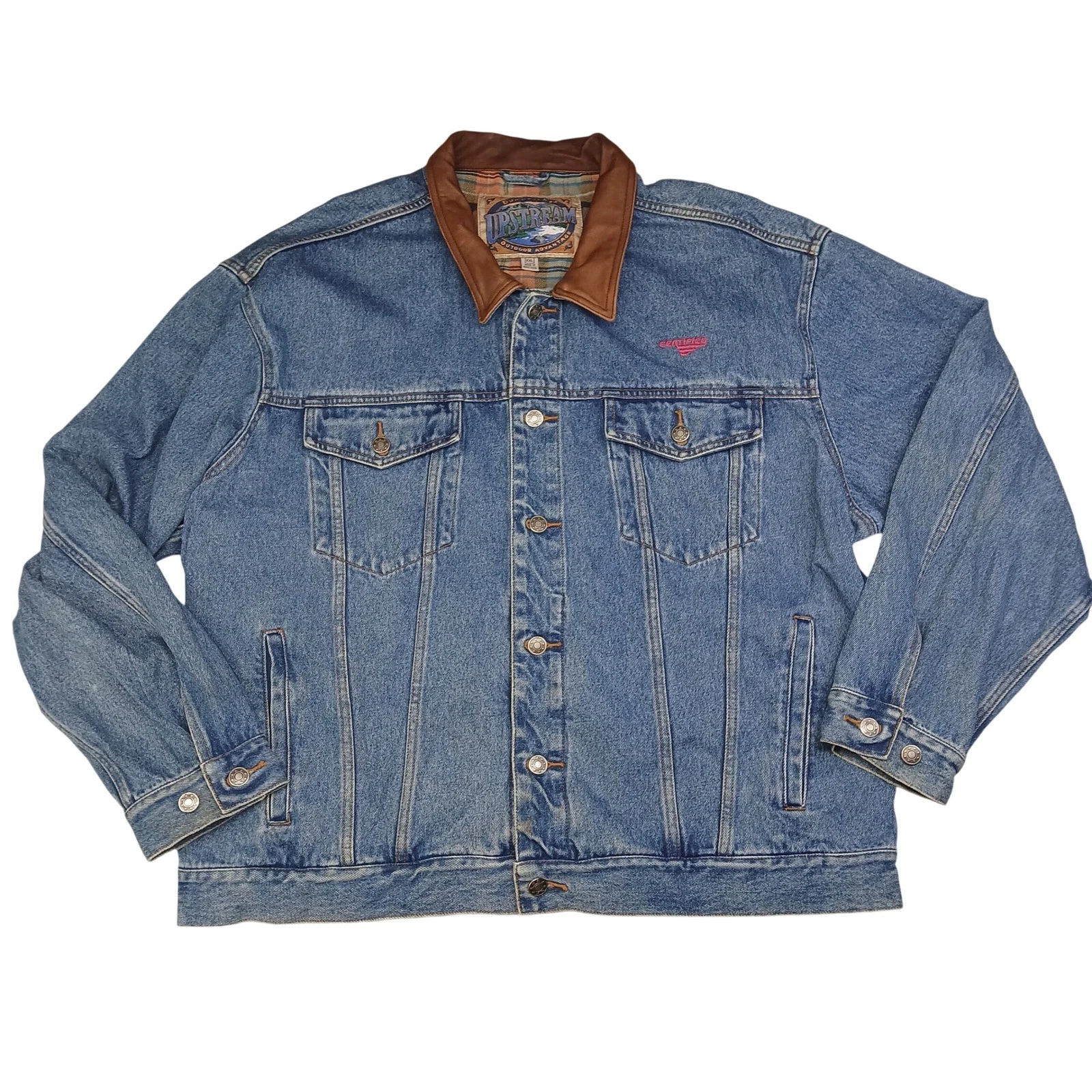 Upstream Outdoor Advantage Denim Jacket Leather Collar Plaid Lined Blue XXL