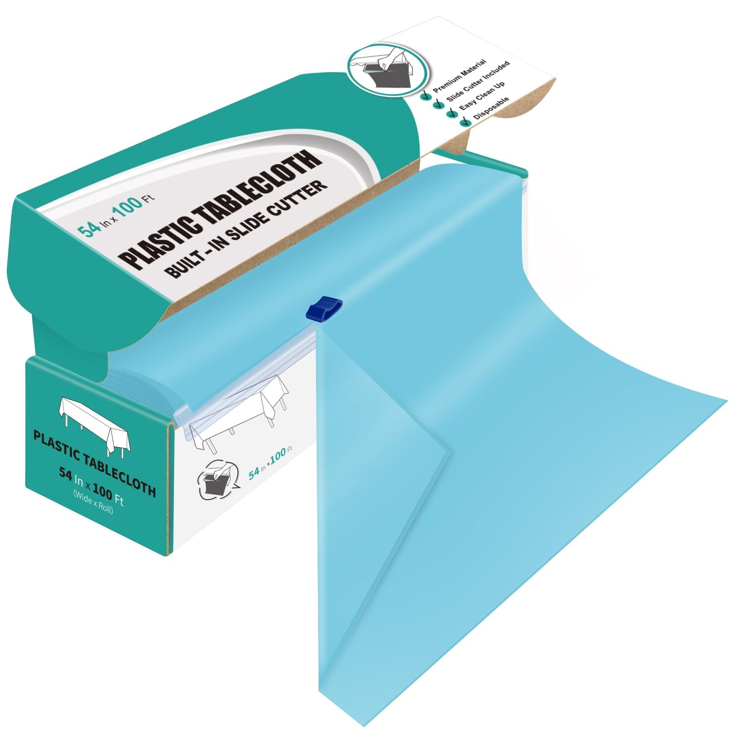 54" X 100' Plastic Tablecloth Roll Light Blue Disposable Pla